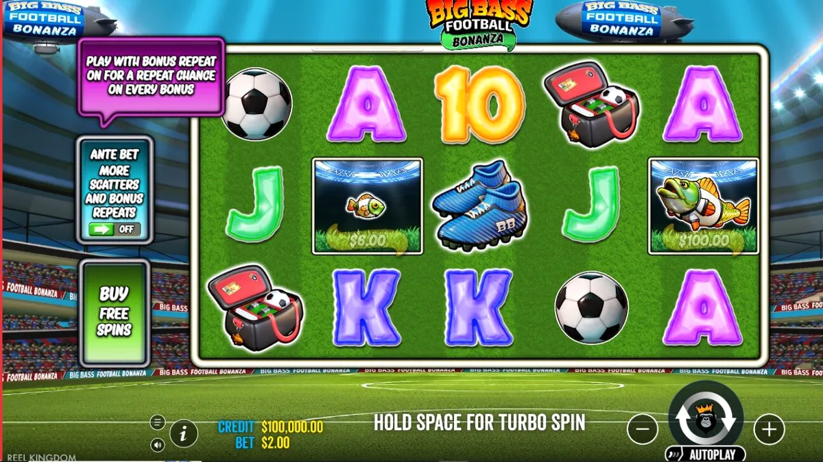 Tampilan visual slot Big Bass Football Bonanza dengan tema stadion sepak bola dan elemen memancing