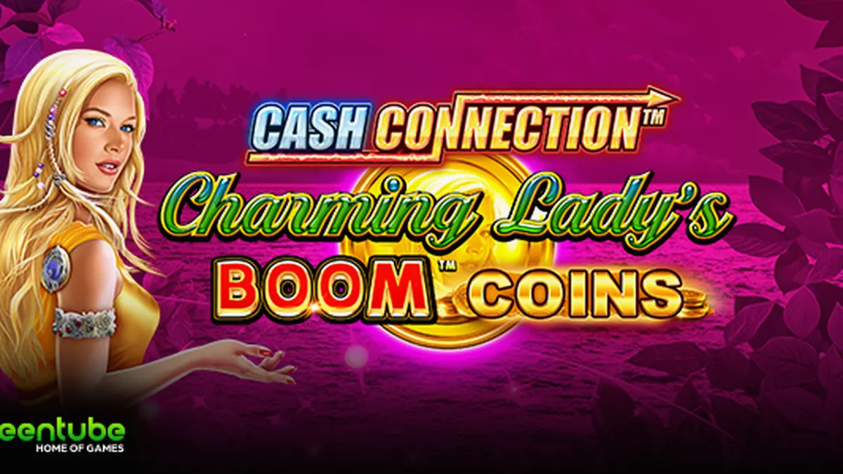 Tampilan visual permainan slot Cash Connection Charming Lady’s Boom Coins dengan elemen koin emas yang bersinar.