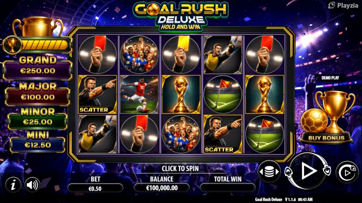 Tampilan visual slot Goal Rush Deluxe Hold and Win dengan tema stadion sepak bola yang energik.
