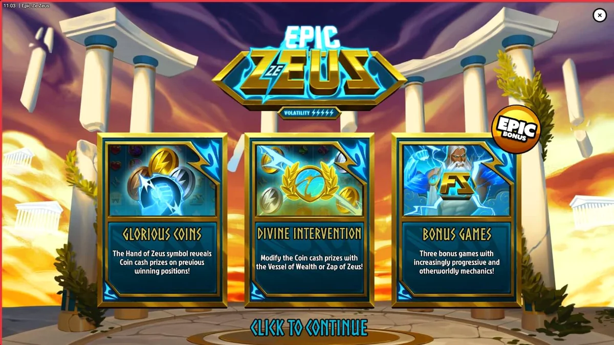 Tampilan visual slot Epic Ze Zeus dengan latar belakang kuil Yunani dan petir